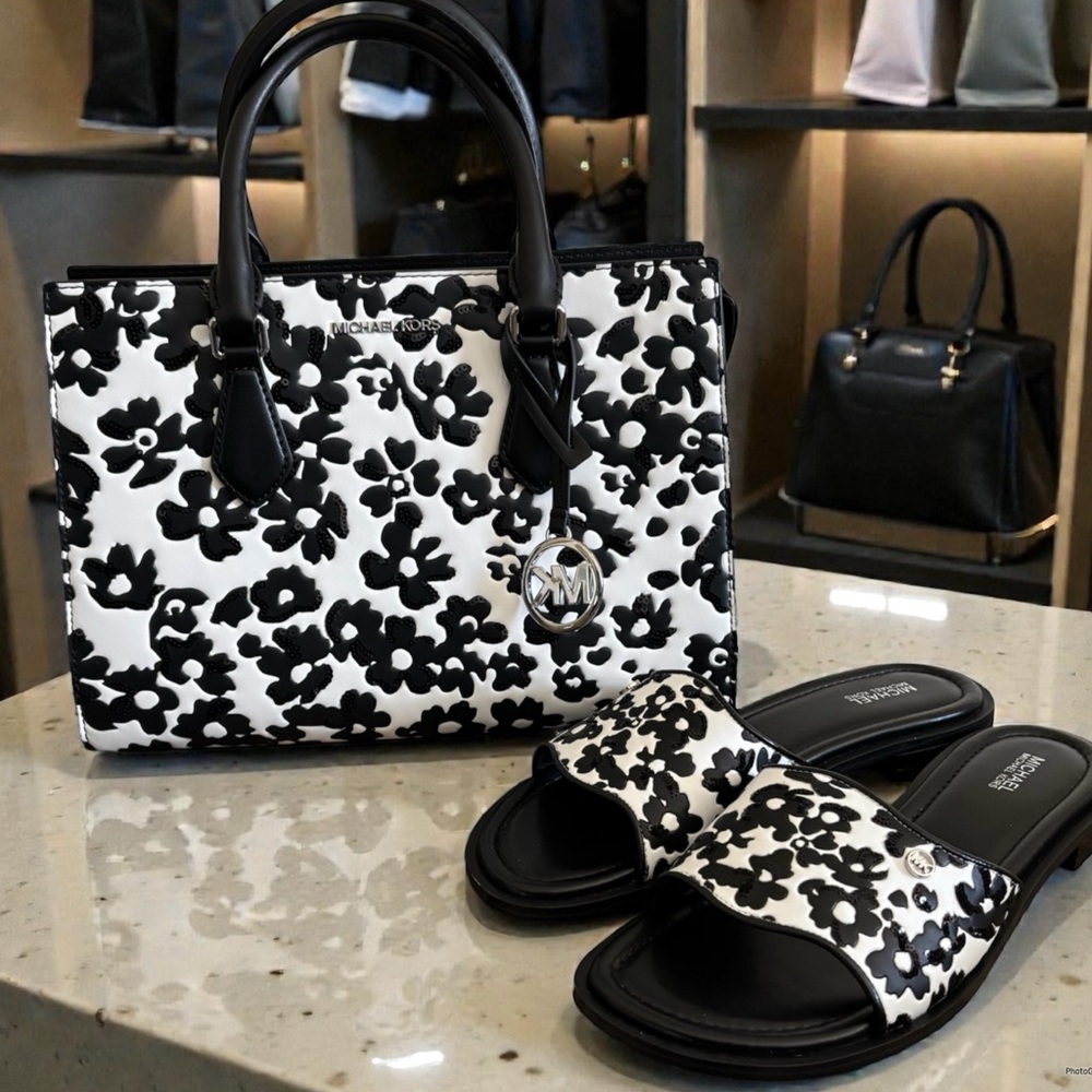 New Michael Kors Floral Sequin Bag and New Matching Size 9 Slides